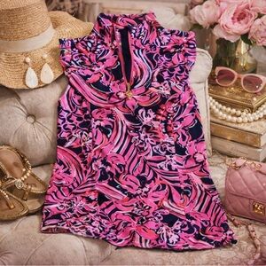 Lilly Pulitzer Pink Floral Sleeveless Half-Zip Top XS Golf Tennis Resort